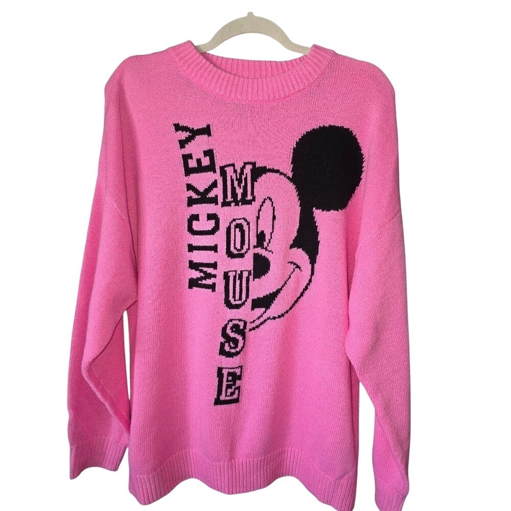 H&M Divided Disney Mickey Mouse Jacquard Knit Sweater Pink Black Crewneck